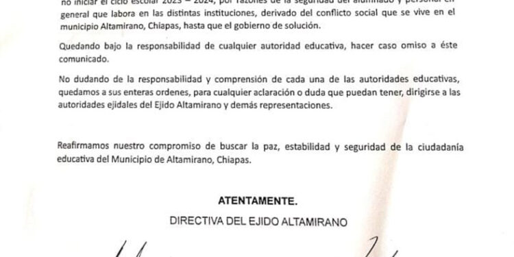 Suspenden el inicio de clases en Altamirano