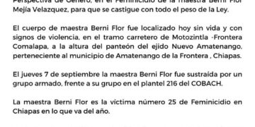 Lamentan feminicidio de docente del Cobach