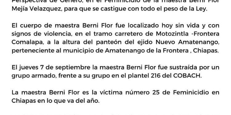 Lamentan feminicidio de docente del Cobach