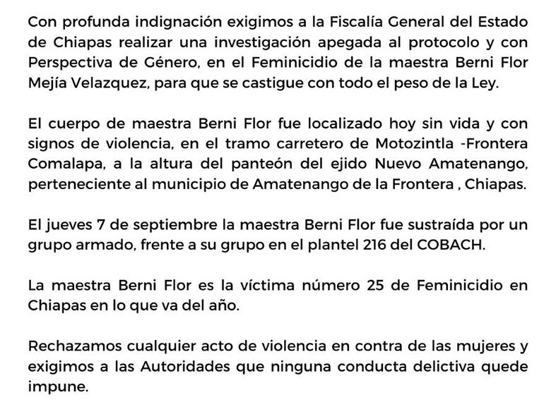 Lamentan feminicidio de docente del Cobach