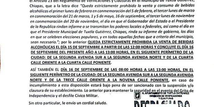 Habrá ley seca en Tuxtla