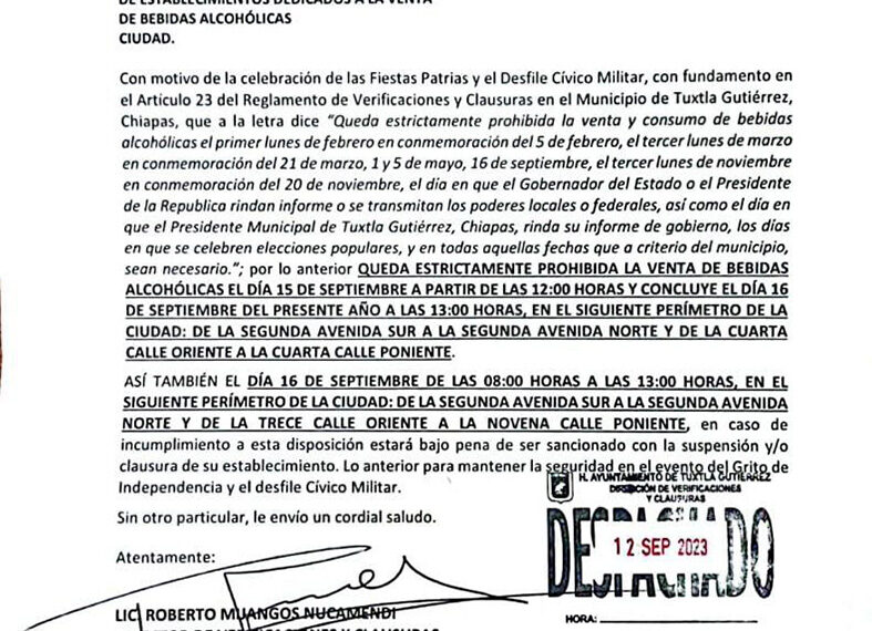 Habrá ley seca en Tuxtla