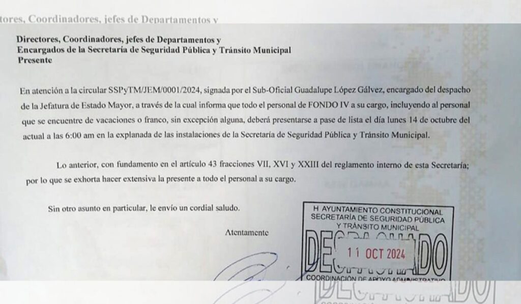 El presidente municipal exigió que el personal de la Secretaría de Seguridad Pública y Tránsito Municipal acudiera a su centro de trabajo únicamente para pasar lista.