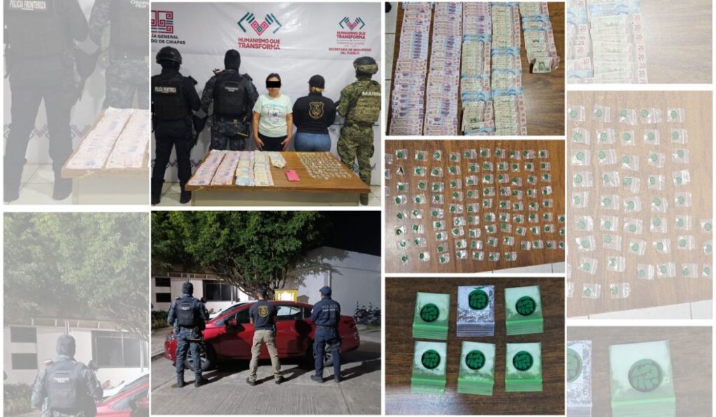 FGE y SSP desarticularon células de narcomenudeo, detuvieron a líderes delictivos y judicializaron a 46 policías en Comitán. En la Fronterizo Costa, aseguraron drogas, dinero y vehículos.