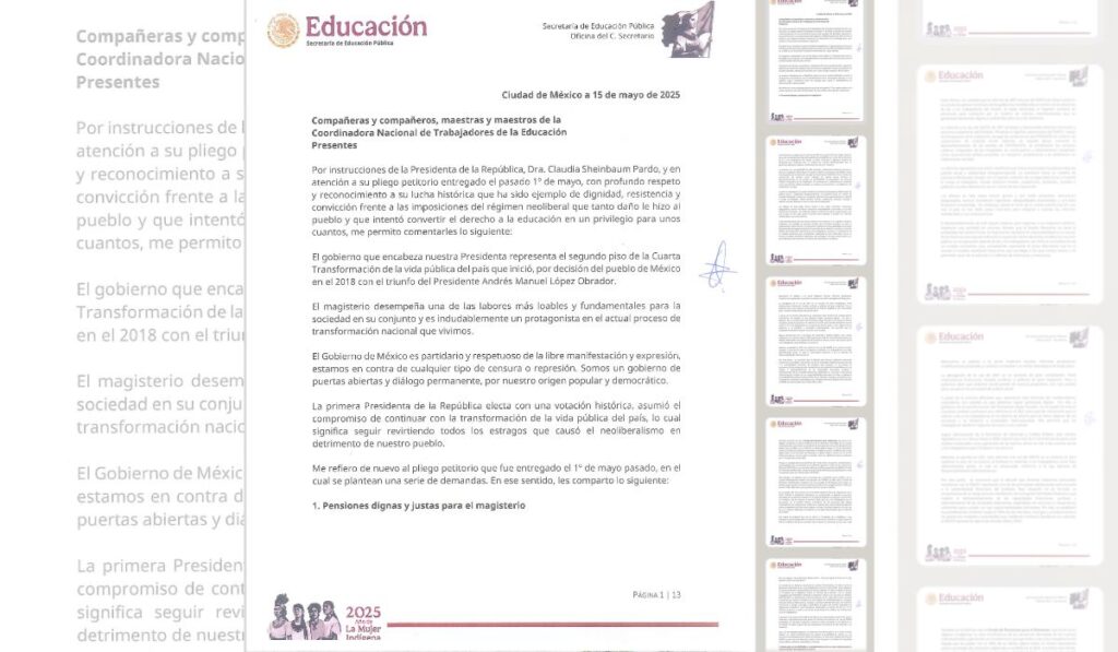 La Secretaría de Educación Pública respondió al pliego petitorio de la CNTE con propuestas sobre pensiones, salarios, justicia laboral y la transformación educativa de la 4T.