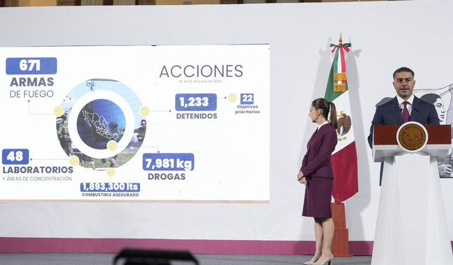 Gobierno federal decomisó armas, droga y combustible en operativos simultáneos.