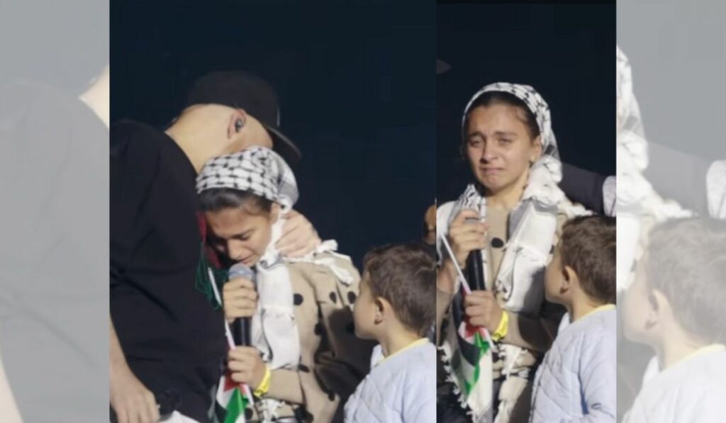 Durante su concierto en el Zócalo, René Pérez “Residente” subió al escenario a una familia refugiada palestina, entre ellos una joven llamada Alma.