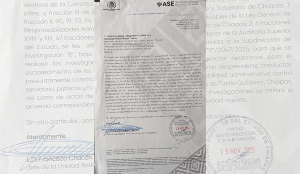 Diario Ultimátum no se equivoca. La Auditoría Superior del Estado indaga denuncias contra el Ayuntamiento de Tuxtla que encabeza Ángel Torres Culebro.